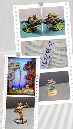 Collage of my past work from top to bottom: frog with mouse rider, lino print ghost bookmark, signpost diorama, pokemon diorama and heroforge mermaid.